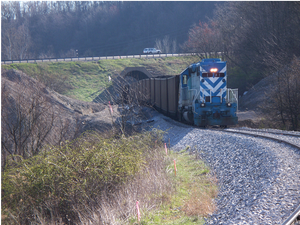 A mitigated railroad experiencing longwall subsidence.